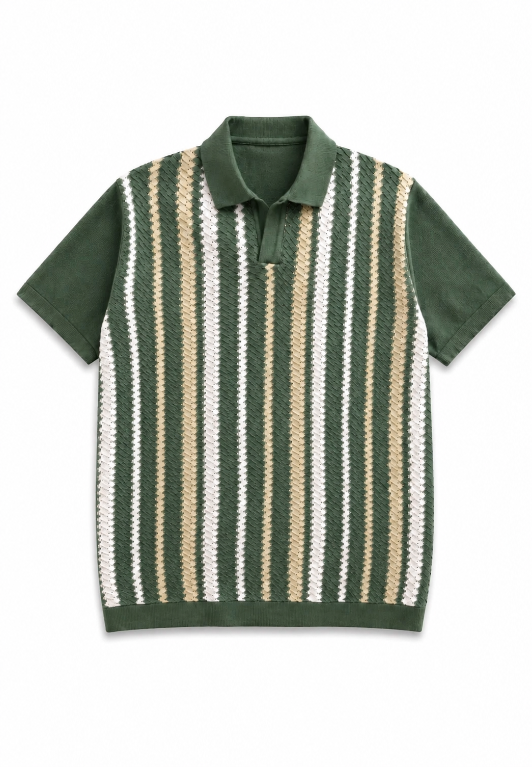 Knit Striped Polo T-Shirt – Olive Green