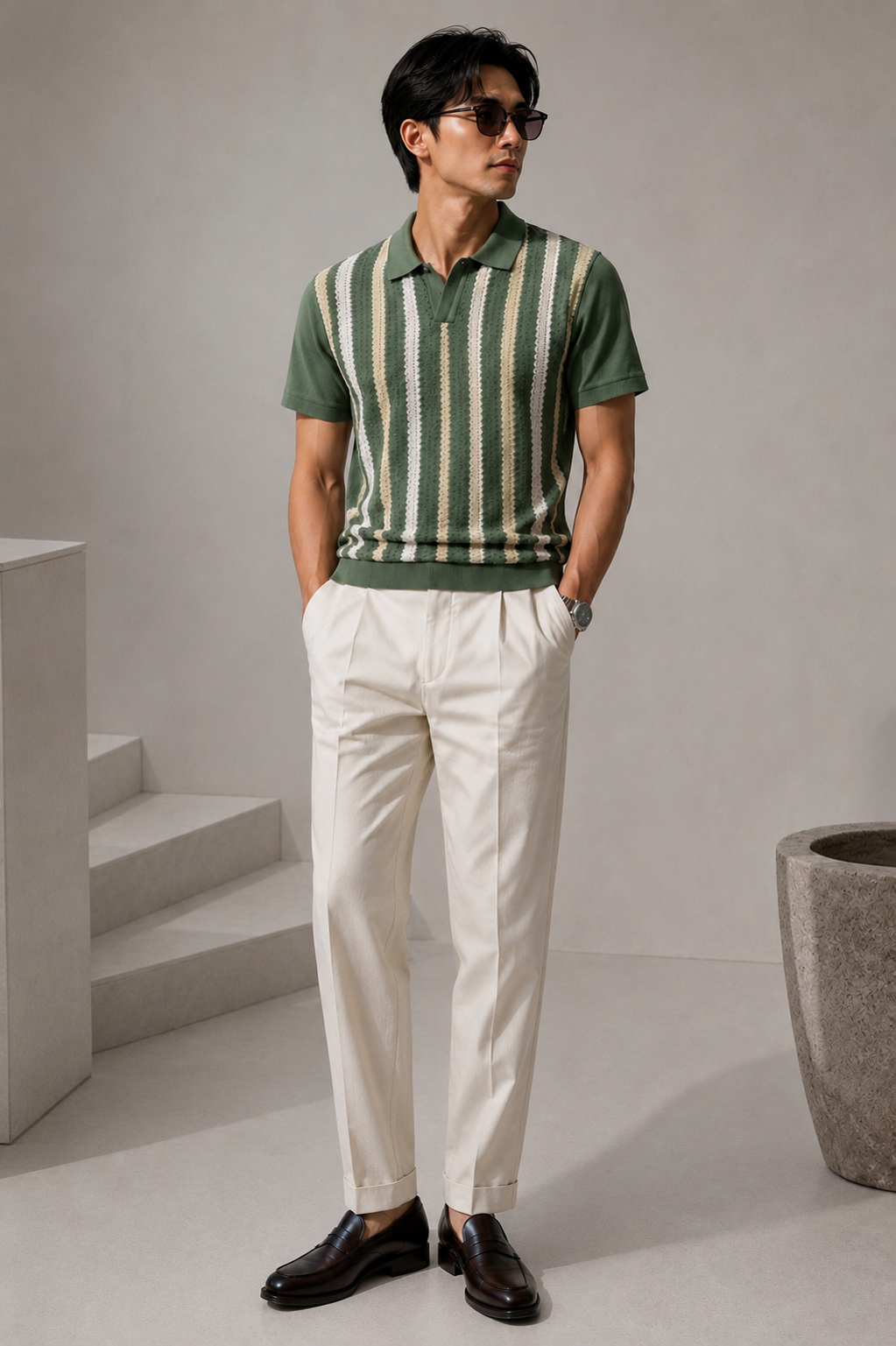 Knit Striped Polo T-Shirt – Olive Green