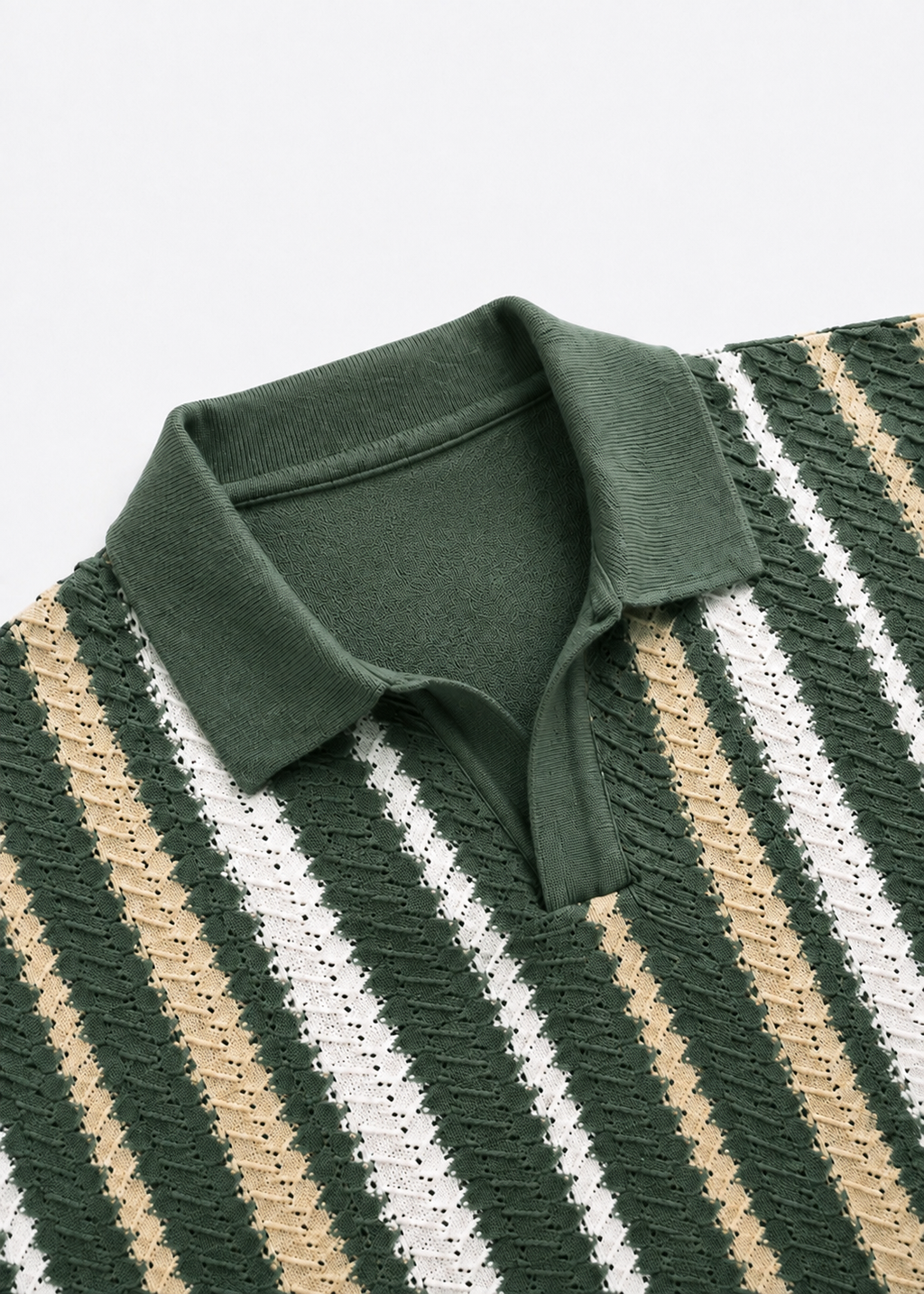 Knit Striped Polo T-Shirt – Olive Green