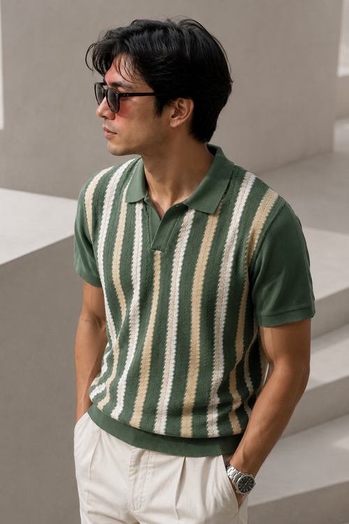 Knit Striped Polo T-Shirt – Olive Green